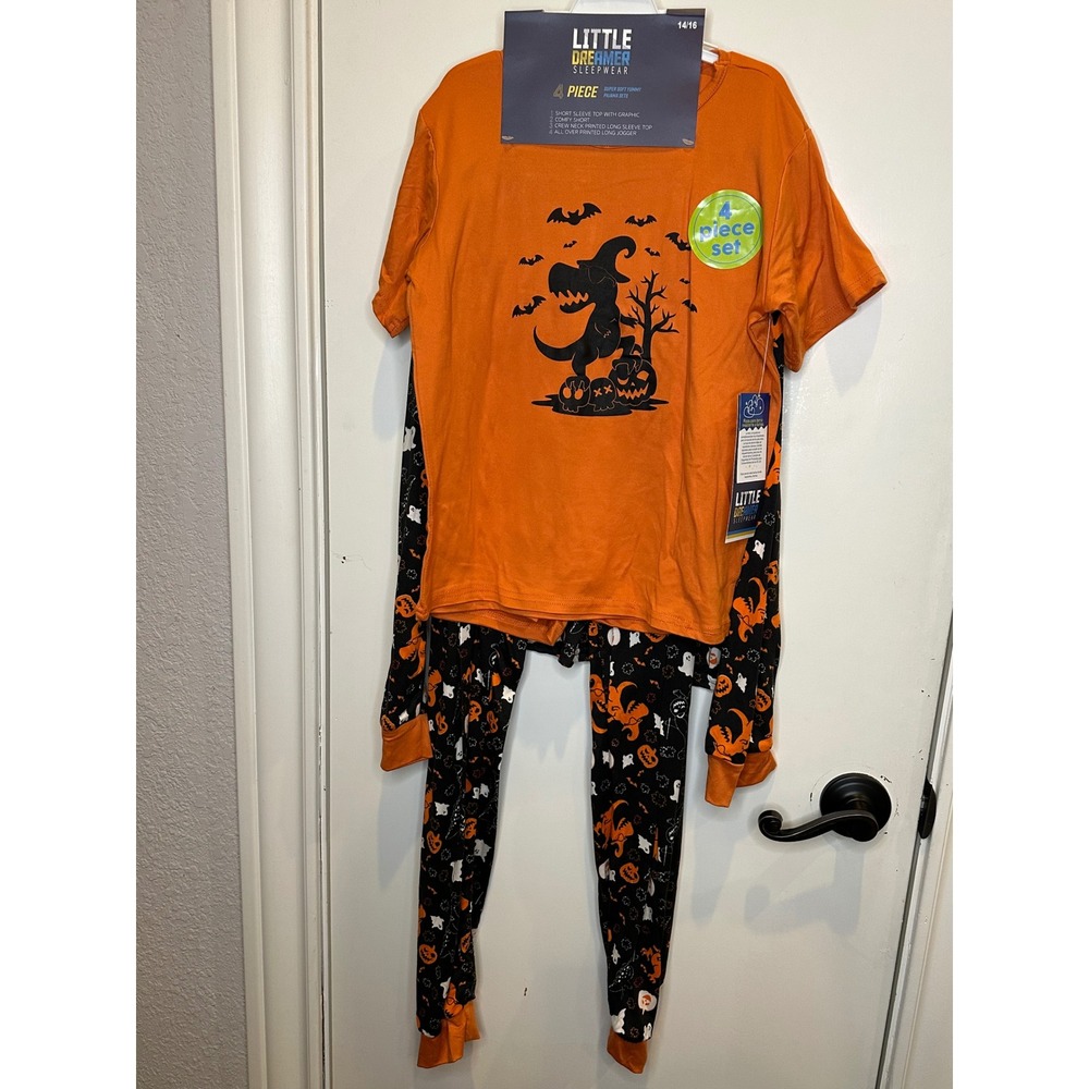 Little Dreamer Kids 4 Piece Halloween Pajama Set Orange Black Dino Size 14/16